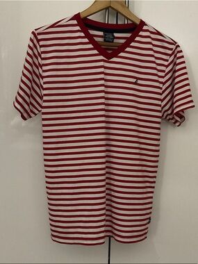 Nautica Red and White Striped V‑Neck Tee